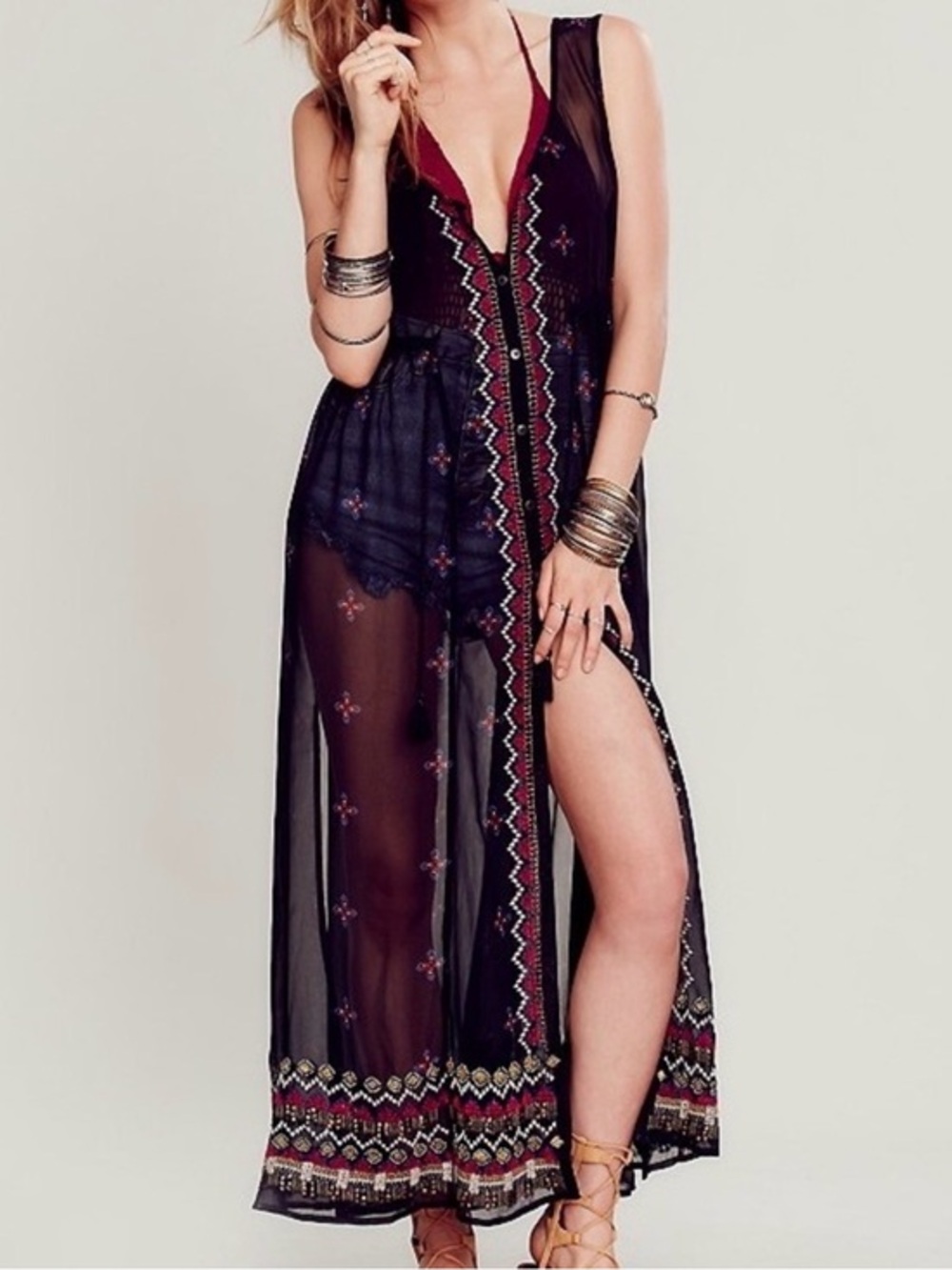 Free People Sheer Sleeveless Embellisher Kimono Maxi Dress Coverup XS